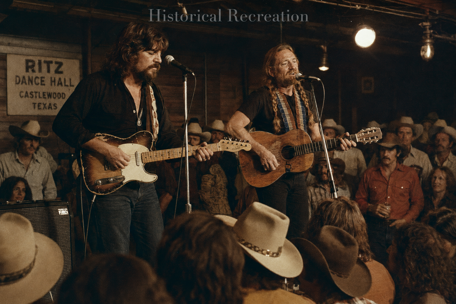 Historical recreation of Willie Nelson and Waylon Jennings performing together on a Texas stage in the early 1970s during the Outlaw Country era